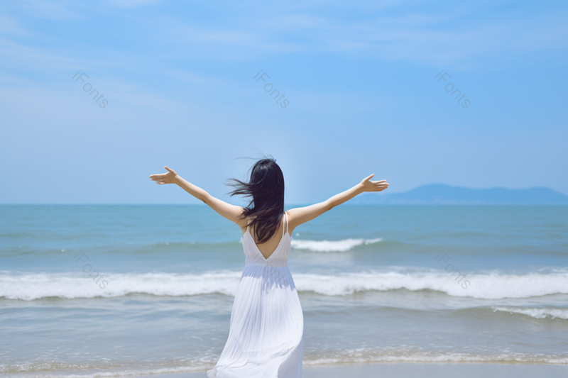 夏日海边美女张开手臂背影迎着大海摄影真实,高清,摄影图,摄影图片,图片大全,摄影图免费下载